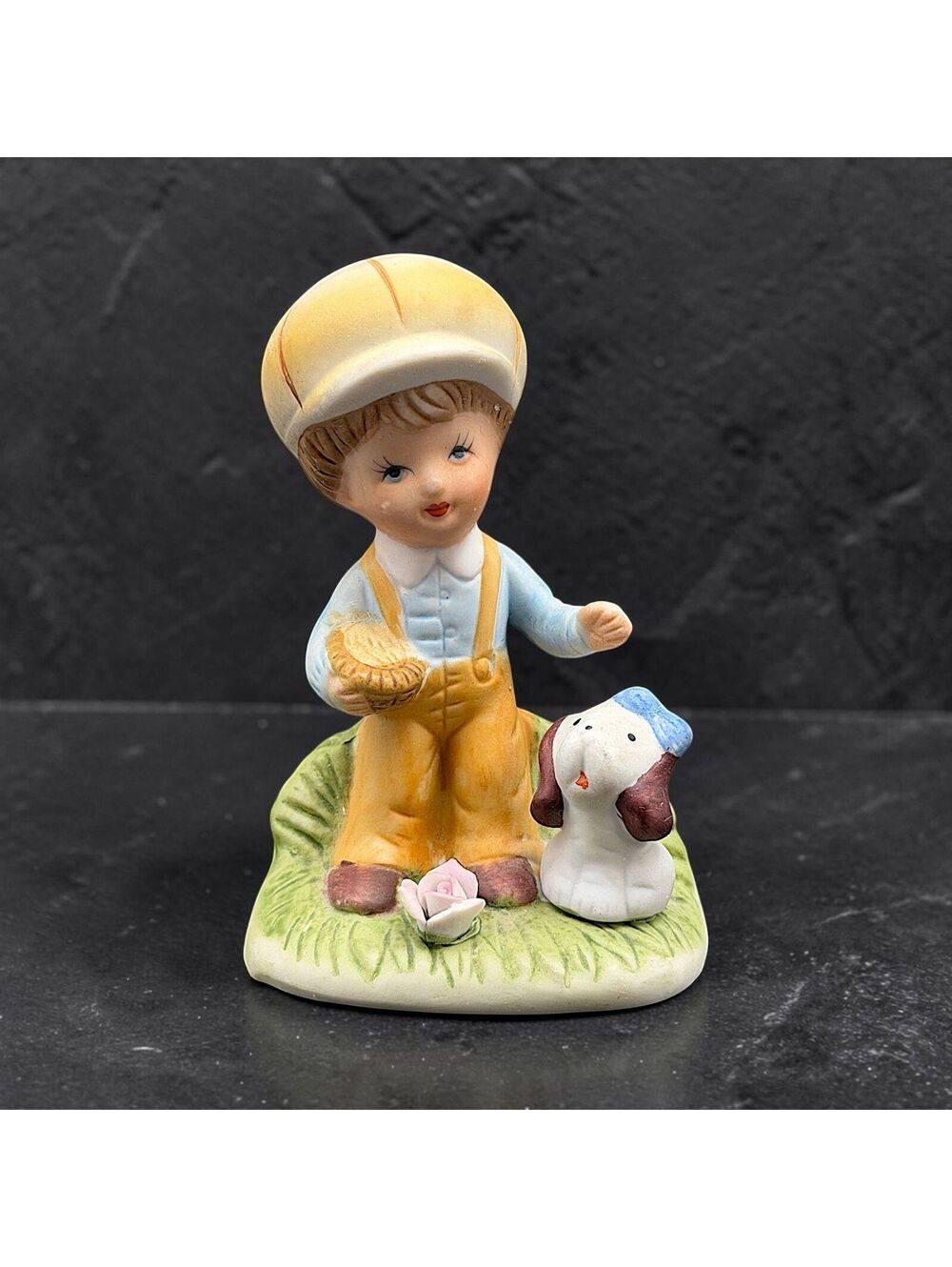 Vintage HOMCO Porcelain Boy With Dog Figurine Flower Basket Pastel 4.25"